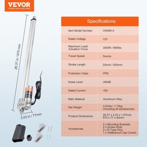 Linear Actuator 12V 20 Inch Waterproof IP65 Linear Actuator 660lbs3000N