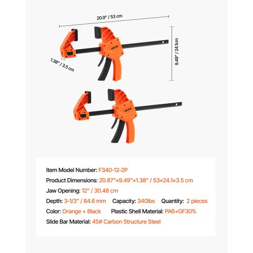 Bar Clamps for Woodworking 2Pack 12 inch OneHanded ClampSpreader