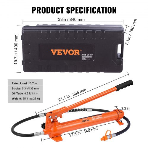 10 Ton Porta Power Kit Hydraulic Ram with Pump Car Jack with 46 ft1.4 m