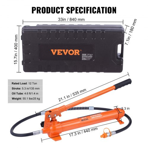 12 Ton Porta Power Kit Hydraulic Ram with Pump with 46 ft1.4 m Oil Hose