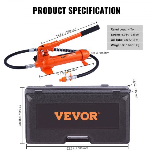 4 Ton Porta Power Kit Portable Hydraulic Jack with 39 ft1.2 m Oil Hose