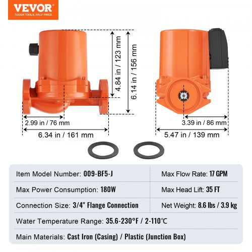 009BF5J Hot Water Recirculating Pump 110V 180W 17 GPM Hot Water