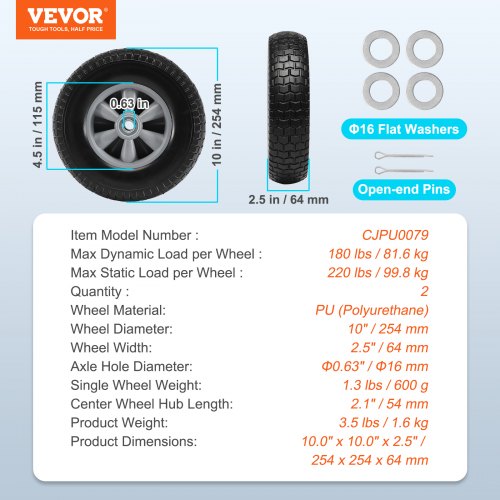 Solid PU RunFlat Tire Wheel 10 2Pack 180 lbs Dynamic Load 220 lbs
