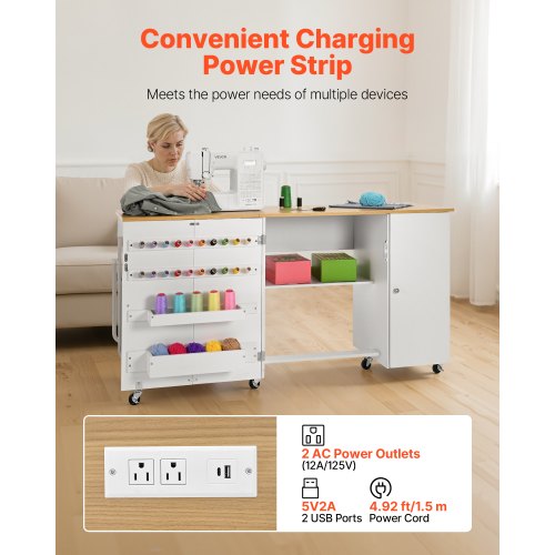 Folding Sewing Table Multipurpose Machine With Cabinet Charging Station