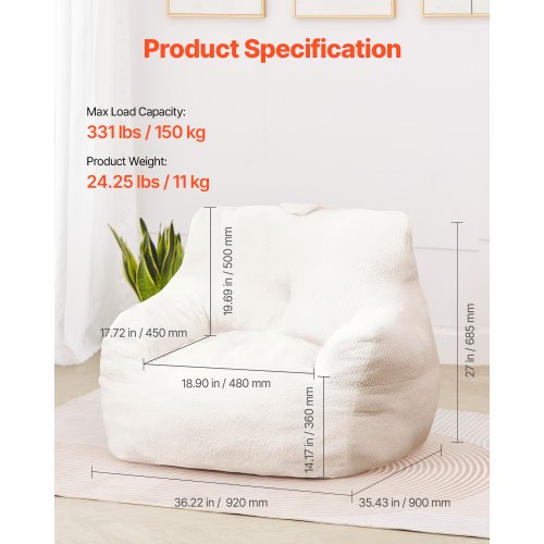 Bean Bag Chair 3 feet Bean Bag Chair with Soft Armrests and Storage Pocket