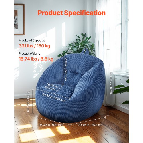 Bean Bag Chair 3 feet Bean Bag Chair with Soft Armrests and Storage Pocket
