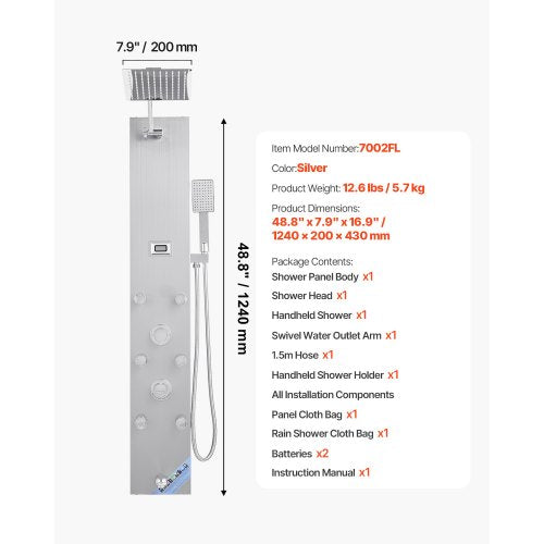 Shower Panel Tower System With Rainfall Head Led 49 In Brushed Stainless Steel