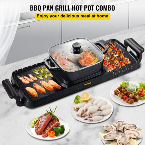 2 in 1 Electric Grill and Hot Pot 2400W BBQ Pan Grill and Hot Pot