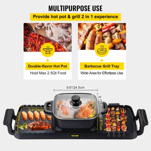 2 in 1 Electric Grill and Hot Pot 2400W BBQ Pan Grill and Hot Pot