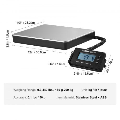 Digital Shipping Scale 440 lbs x 17 oz Heavy Duty Postal Scale with Timer