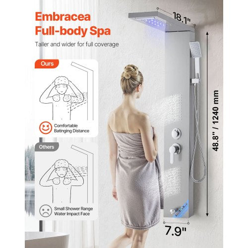 Shower Panel Tower System With Rainfall Waterfall Head Led 53 In Brushed 17 6