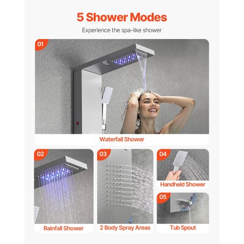 Shower Panel Tower System With Rainfall Waterfall Head Led 53 In Brushed 17 6