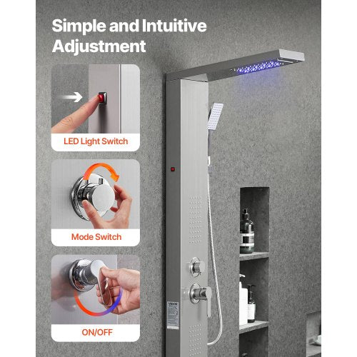 Shower Panel Tower System With Rainfall Waterfall Head Led 53 In Brushed 17 6