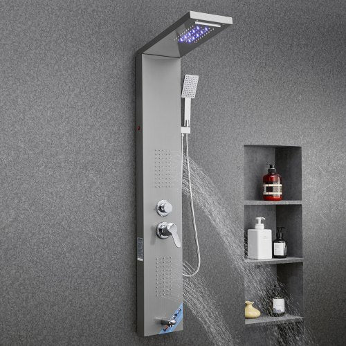Shower Panel Tower System With Rainfall Waterfall Head Led 53 In Brushed 17 6