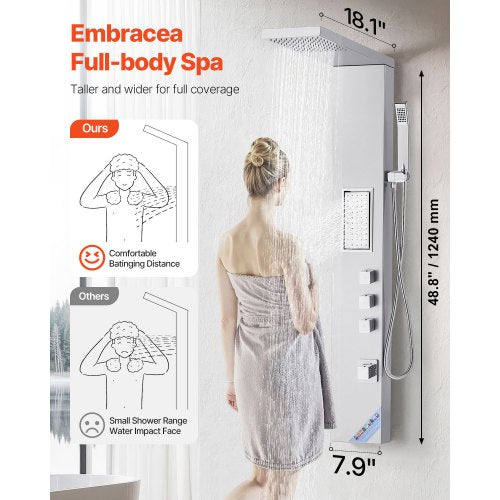 Shower Panel Tower System with Rainfall Shower Head 53 in Brushed Stainless