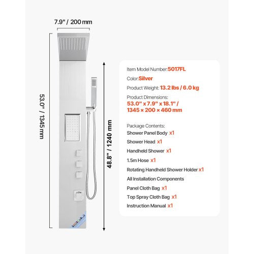 Shower Panel Tower System with Rainfall Shower Head 53 in Brushed Stainless