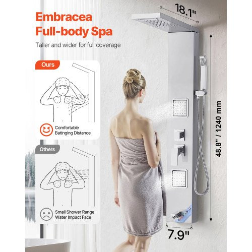Shower Panel Tower System with Rainfall Waterfall Shower Head 53 in Brushed