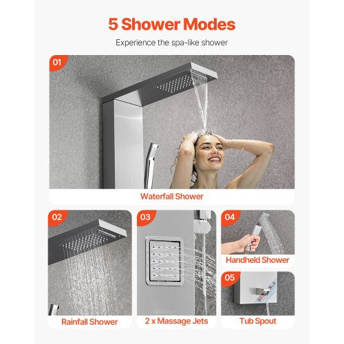 Shower Panel Tower System with Rainfall Waterfall Shower Head 53 in Brushed
