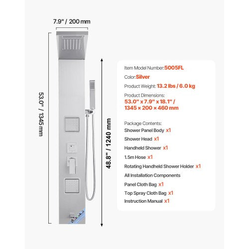 Shower Panel Tower System with Rainfall Waterfall Shower Head 53 in Brushed
