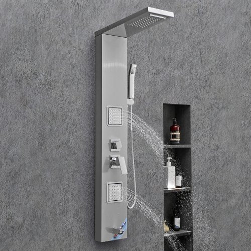 Shower Panel Tower System with Rainfall Waterfall Shower Head 53 in Brushed