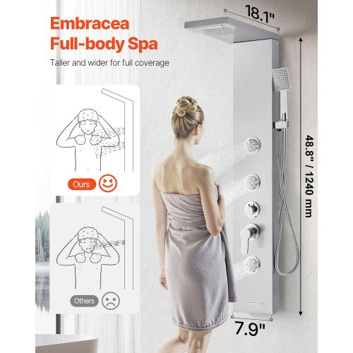 Shower Panel Tower System With Rainfall Waterfall Head 53 In Brushed Stainless