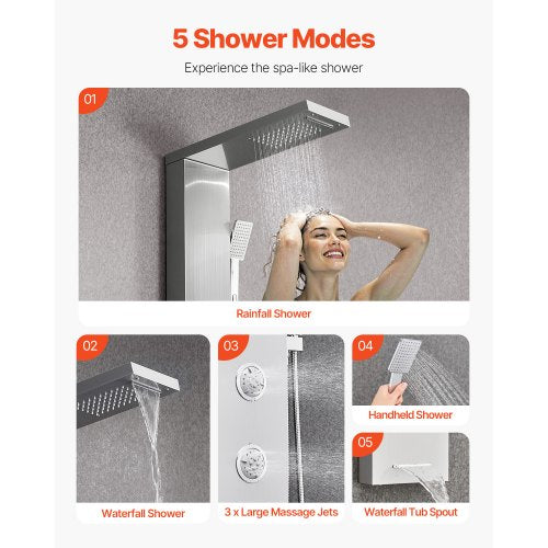 Shower Panel Tower System With Rainfall Waterfall Head 53 In Brushed Stainless