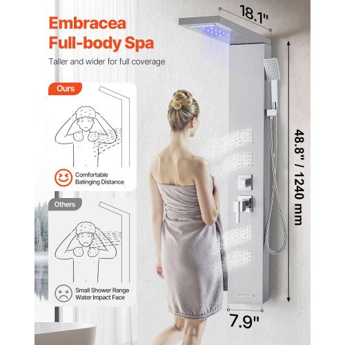 Shower Panel Tower System With Rainfall Waterfall Head Led 53 In Brushed