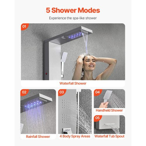 Shower Panel Tower System With Rainfall Waterfall Head Led 53 In Brushed