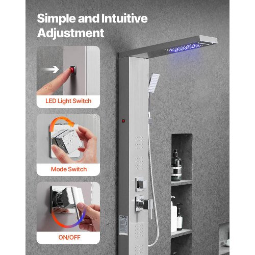 Shower Panel Tower System With Rainfall Waterfall Head Led 53 In Brushed