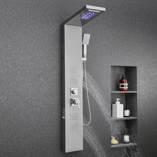 Shower Panel Tower System With Rainfall Waterfall Head Led 53 In Brushed