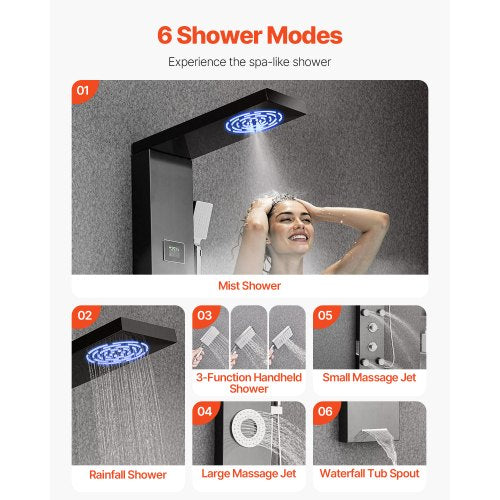 Shower Panel Tower System with Rainfall Shower Head LED 53 in Brushed