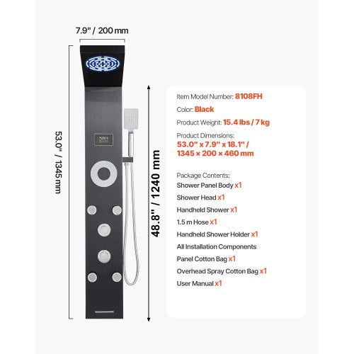 Shower Panel Tower System with Rainfall Shower Head LED 53 in Brushed