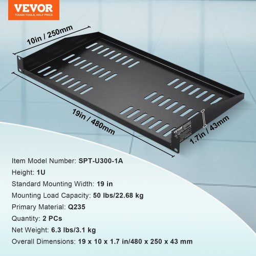 2PCS 1U Server Rack Shelf 10254 mm Depth 50 lbs Max Load Capacity Vented
