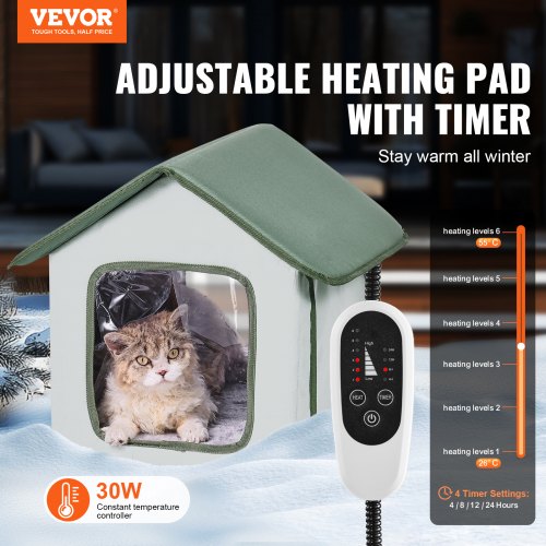 Elevated Heated Cat House Outdoor Kitty Shelter with Timer 600D Oxford