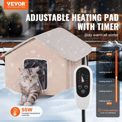 Elevated Heated Cat House Outdoor Kitty Shelter with Timer 600D Oxford