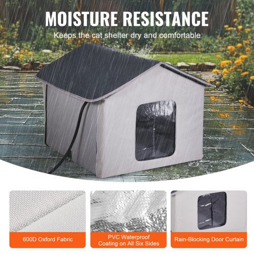 Heated Cat House Outdoor Kitty Shelter with Timer 600D Oxford Cloth