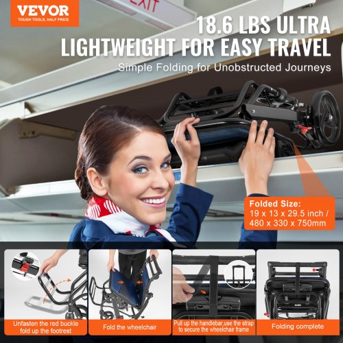 Wheelchair Aluminum Alloy UltraLightweight Transport Chair for Adults