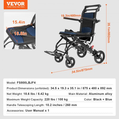 Wheelchair Aluminum Alloy UltraLightweight Transport Chair for Adults