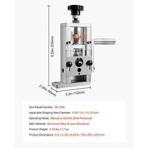 Manual Wire Stripping Machine, 0.06-1 in, Copper Stripper with Hand Crank or Drill Powered, 64Mn Quenched Blades, 45# Steel Rollers, Aluminum Alloy Frame Wire Peeler, for Scrap Copper Recycling