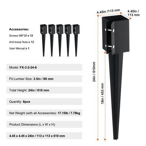Fence Post Anchor Ground Spike 6 Pack 24 x 4 x 4 Inches Outer Diameter