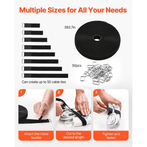 Cable Ties 3937Inch Adjustable Hook and Loop Straps with 50 Metal