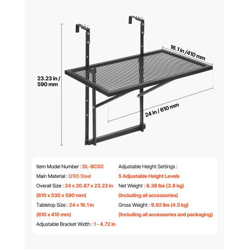 Balcony Hanging Table 19 x 24 in Metal Folding Balcony Railing Table