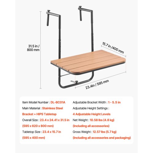Balcony Hanging Table 25 x 24 in Folding Balcony Railing Table Outdoor