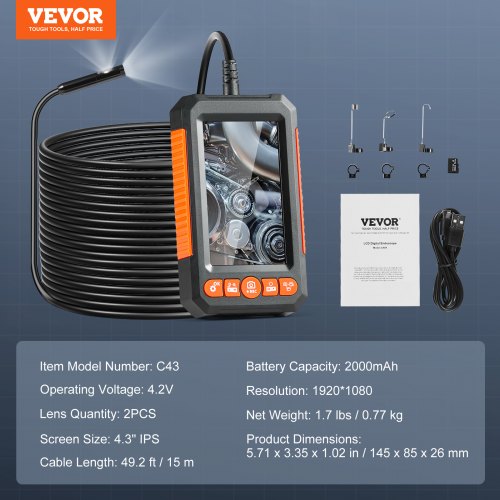 Endoscope Camera with Lights Dual Lens Borescope 49.2FT Cable 43 Screen