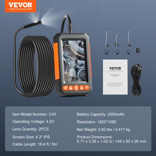 Endoscope Camera with Light Dual Lens Industrial Borescope 43 Screen