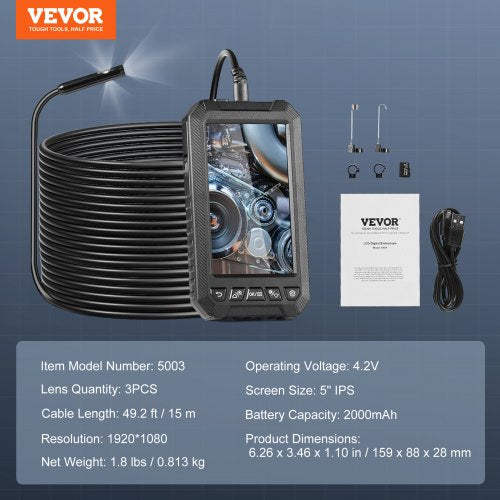 Endoscope Camera with Light Triple Lens Borescope with 49.2FT SemiRigid