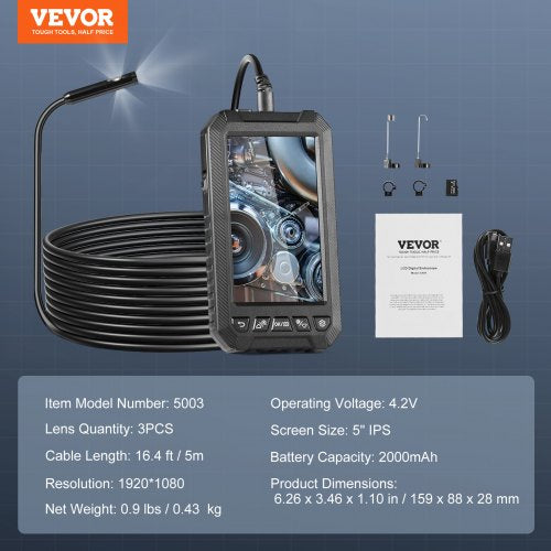 Endoscope Camera with Light Triple Lens Industrial Borescope 5 Screen