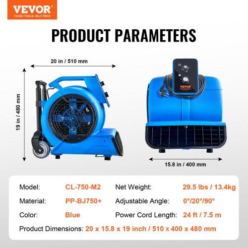 Floor Blower 1560 RPM 4000 CFM Air Mover with 3 Blowing Angles 3Speeds – 24 FT