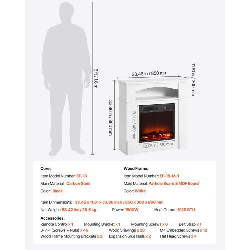 33 Inch Freestanding Fireplaces 1500W 5120Btu Fake Electric Fireplace Stove
