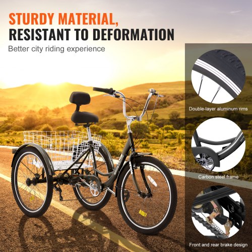 Adult Tricycles Bike 7 Speed Trikes 24 Inch Threewheeled Bicycles Carbon Steel
